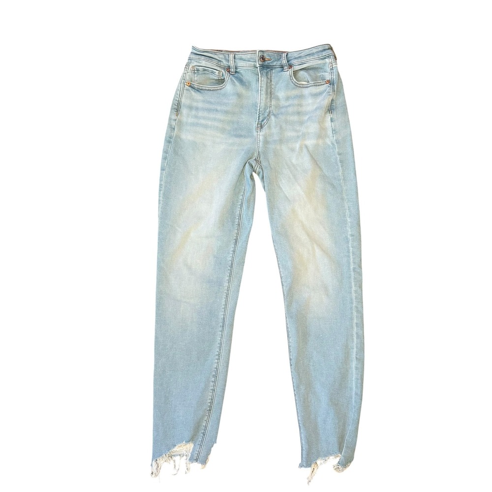 American Eagle Skinny Mom Jeans Women 6 L Light Blue Soft Knit Raw Hem High Rise